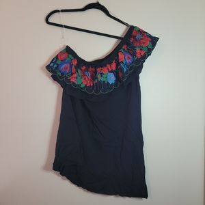 Umgee Black Floral Embroidered One Shoulder Dress NWT